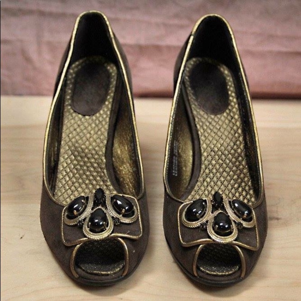 JCrew suede wedge heel suede leather jewel peeptoe